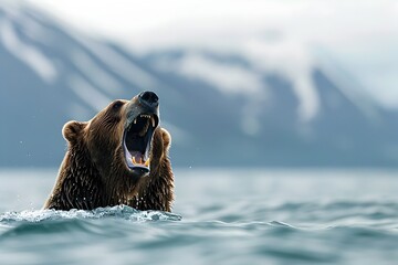 Grizzly Bear in Calm Water - obrazy, fototapety, plakaty