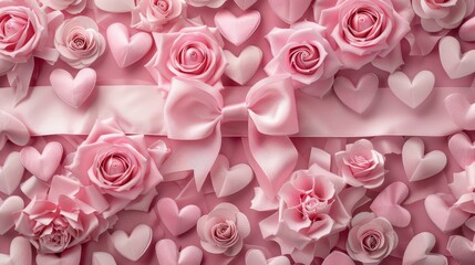 Hearts and pink roses on a Valentine's Day background