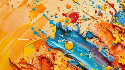 This is an abstract oil painting, a mural, modern artwork, painted spots, paint strokes, and golden elements. This painting contains orange, gold, blue, and large strokes.