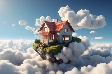 3d house floating on clouds