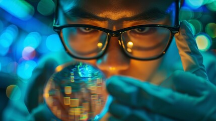 Close up photo of Chinese computer scientist, young Asian man working on silicon wafer. - obrazy, fototapety, plakaty
