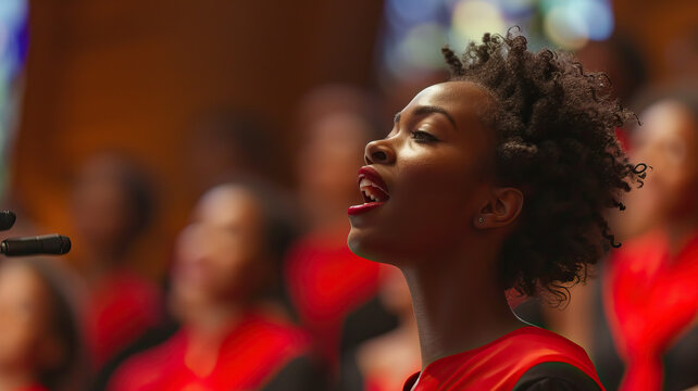 Gospel Choir Solo: A black singer performing a powerful solo in a gospel choir, exuding joy and spirituality through their uplifting voice