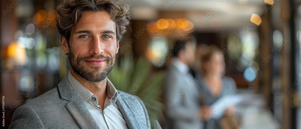 Poster an image of a happy businessman holding a modern laptop computer with his team behind him can be see