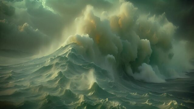 Massive ocean wave churns during a raging storm, powerful and ominous.