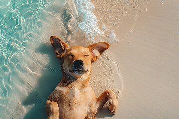 Funny dog relaxing on the beach in splashes water - obrazy, fototapety, plakaty
