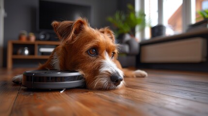 At home, Poland, a Jack Russell terrier dog is sleeping and a robot vacuum cleaner is working