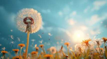 Foto op Plexiglas Wind-swept dandelion seeds blow up against a clear blue sky © Zaleman