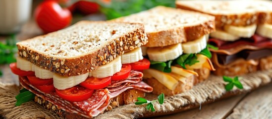 Assorted sandwiches with salami, chocolate, banana, cream cheese, and red pepper for morning or...