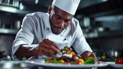 Culinary Creativity: A black chef preparing a gourmet dish, showcasing culinary skills and creativity in the kitchen - obrazy, fototapety, plakaty