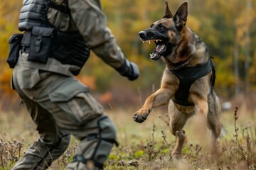 German Shepherd in Training Attacking During Exercise in Autumn Forest