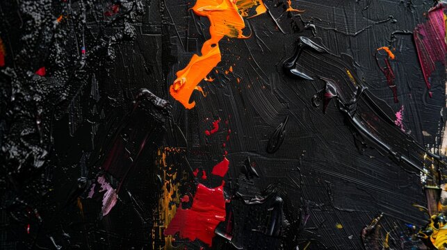 Abstract art closeup featuring a black canvas with expressive oil brushstrokes and palette knife effects, creating a narrative of darkness and light. © furyon