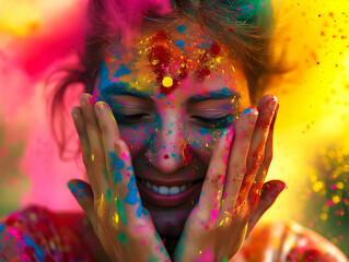 Woman with colorful Holi powders on her face.