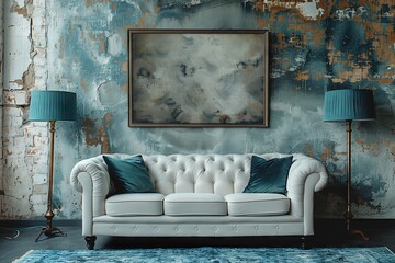 A stylish living room with a white couch, two lamps, and a painting on the wall in a picture frame. The furniture is made of wood and the walls are painted in azure and aqua tones