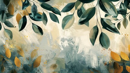A textured background with abstract art. Retro, nostalgic, golden brushstrokes. Oil on canvas. modern art. floral leaves, green, gray, posters, cards, murals, rugs, hangings, and prints.