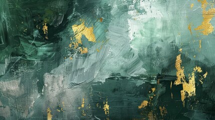 Background with golden brushstrokes and textured background. Oil on canvas. Floral, green, gray, wallpapers, posters, cards, murals, rugs, hangings, and prints.