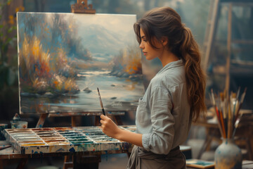 Woman painting a landscape into a canvas in her vintage workshop