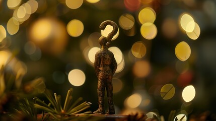 Man figurine with a question mark above his head. FAQ. Thoughts, reasoning and dreams. Introspection, asking yourself questions. Make plans and life goals. Search for answers. Doubts and fears - obrazy, fototapety, plakaty