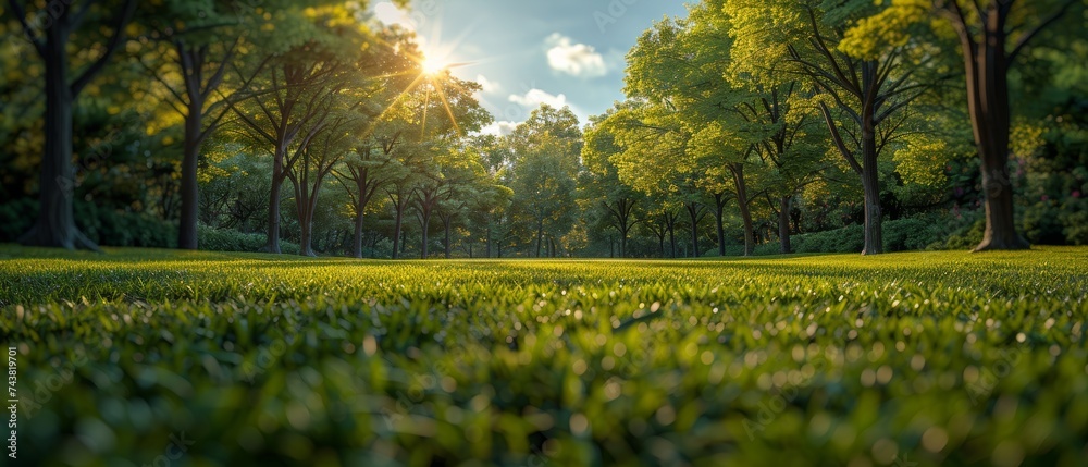 Poster spring nature blurred background image surrounded by trees and a blue sky with clouds on a bright su