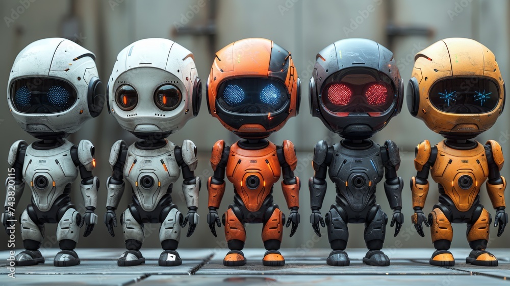 Poster cute robot avatar set. chat bot icon with various faces.