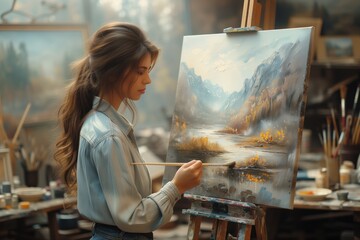 Woman painting a landscape into a canvas in her vintage workshop