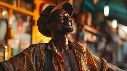 Obraz premium An African American Man Stands with Arms Outstretched, Radiating Joy as He Serves Customers as a Gas Station Attendant, Finding Fulfillment and Happiness in Providing Essential Services