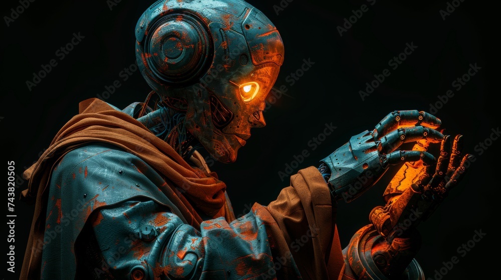 Poster Concept for artificial intelligence, future technology, and business - robot and human hand with flash light and virtual screen projection.