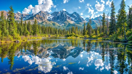 Summer Mountain Lake Landscape with Reflections and Trees