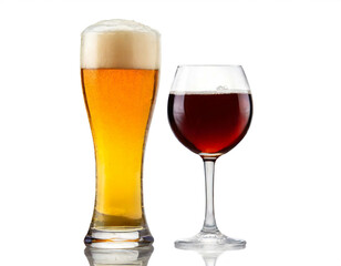 Bierglas und Weinglas mit Wein isoliert auf weißen Hintergrund, Freisteller