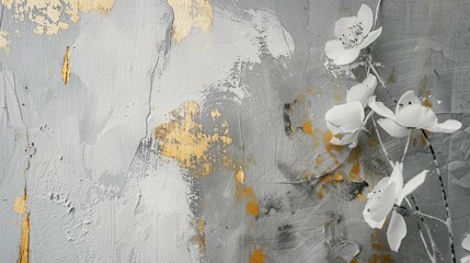 The abstract background is made up of golden brushstrokes, textured background, oil of canvas, modern art, floral, figure, grey, wallpaper, poster, card, mural, rug, hanging, print, and wall hanging.