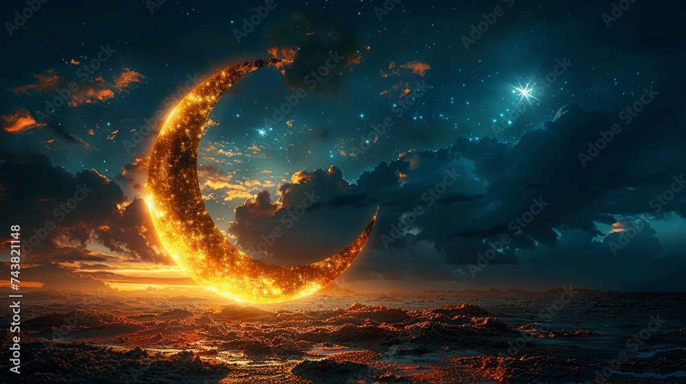 Poster the crescent moon and stars on the dusk sky with the beautiful twilight sky, a background for editin