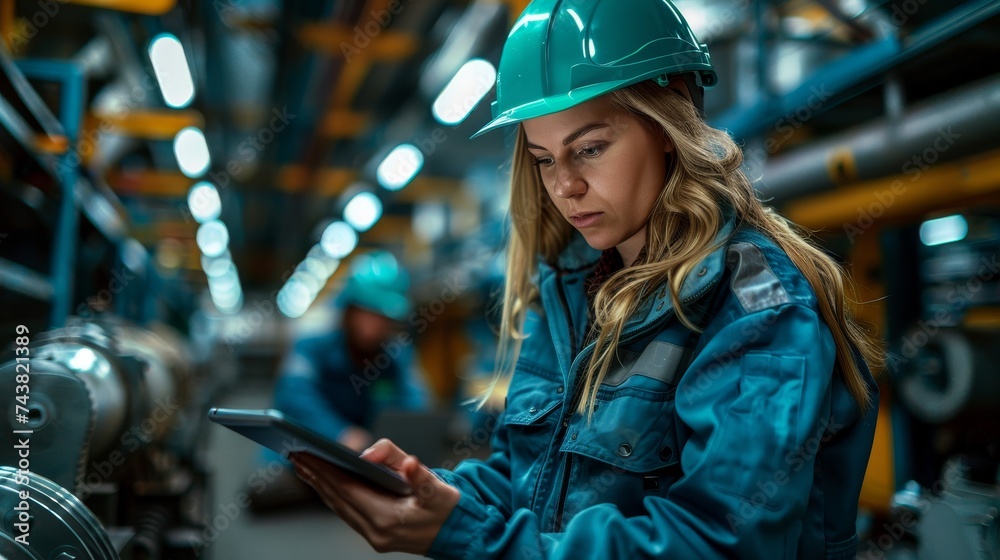 Poster Using a tablet computer, a female project manager and the chief engineer discuss engine design. Industrial engineers and developers work on engine design.