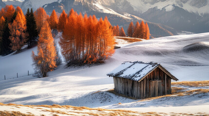 Small cabin in middle of snowy field - Powered by Adobe