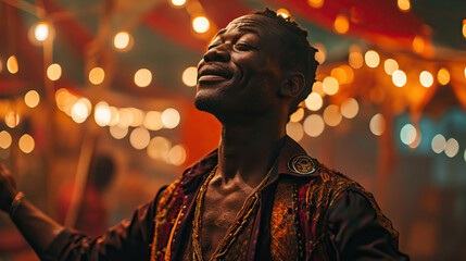 Circus Celebration: An African American Man Stands with Arms Outstretched Outside a Colorful Circus Tent, Radiating Happiness and Excitement as He Immerses Himself in the Magical Atmosphere of the Big - obrazy, fototapety, plakaty