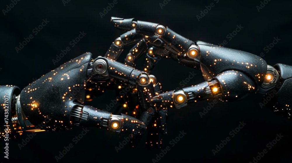Aufkleber The concept of an artificial intelligence machine with a human hand supported by a flash light and projected on a virtual screen over a black background depicts the future of technology and business