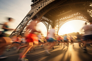 Blurred athletes jogging near the Eiffel tower in Paris, France. 2024 Olympic games in France concept