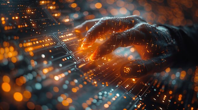 The hand of a businessman using a computer close up in a futuristic cyber space finance AI chatbot artificial coding coding background digital world technology online network data analytics