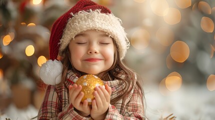 Girl in checkered dress and Santa hat grasps toy and closes eyes as she wishes for a Christmas present on a yellow background.