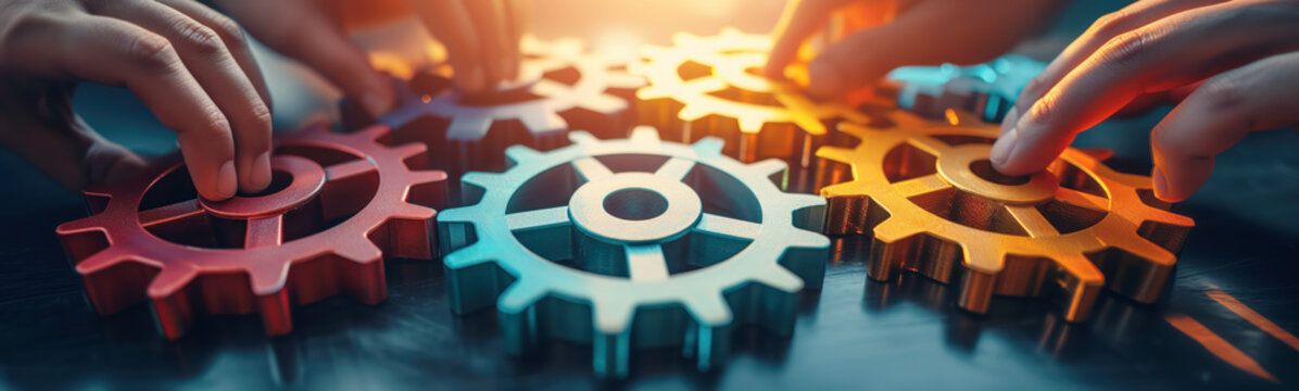 People joining cog wheel on the black background. Concept of the teamwork, partnership and cooperation.