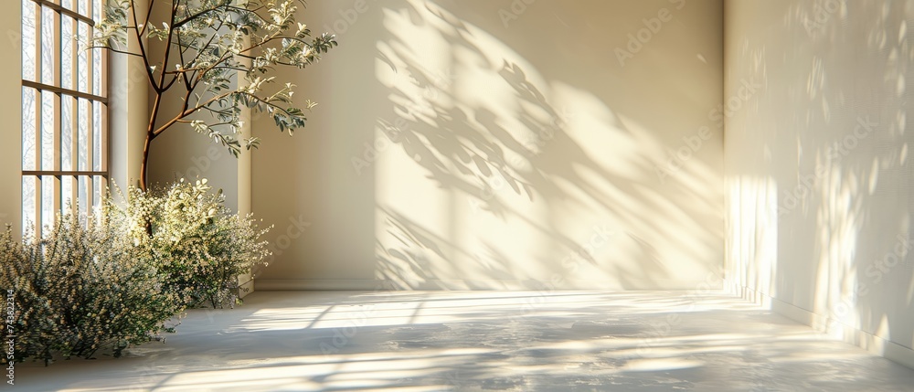 Poster For product presentation, minimalist abstract background with light and intricate shadows from window and vegetation.