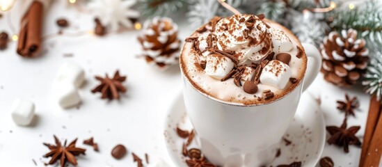Obraz na płótnie Canvas A cup of rich hot chocolate topped with a generous dollop of whipped cream, creating a comforting and indulgent winter treat. The white background enhances the warmth and coziness of this Viennese