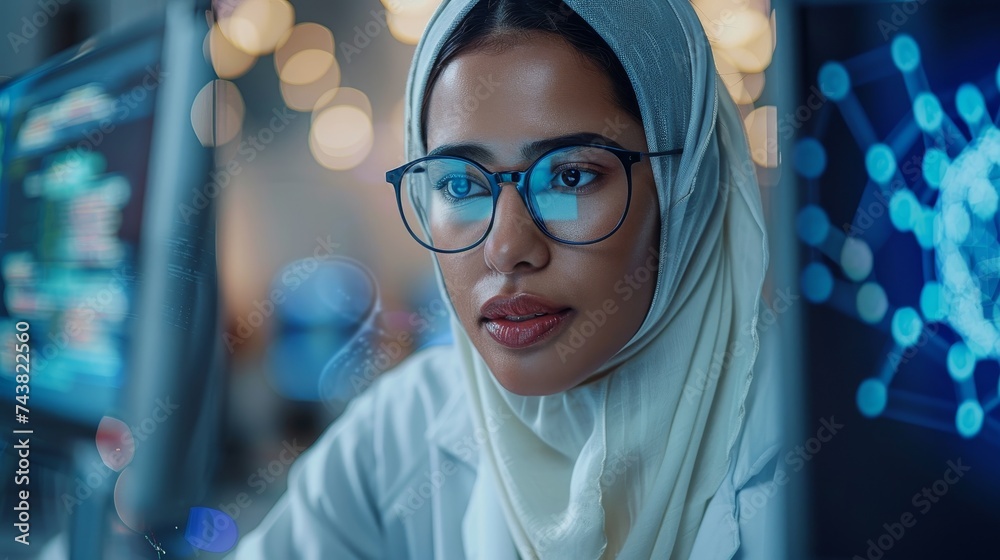 Aufkleber A group of multicultural men and women working in a research center, collaborating and discussing a project, writing advanced software code, and developing artificial intelligence services