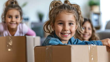 Parents and children homeowners playing with boxes on moving day. Concept of traveling to new home.