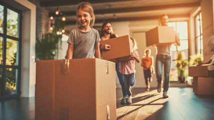 Parents and children homeowners playing with boxes on moving day. Concept of traveling to new home. - obrazy, fototapety, plakaty