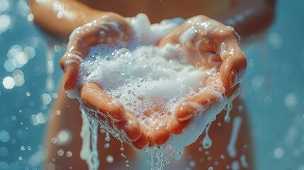 On a light blue background, hands are bathed in soap foam - obrazy, fototapety, plakaty