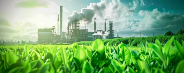 Fotobehang Industrial landscape with green grass and blue sky. Panoramic image.  © Pixelmagic