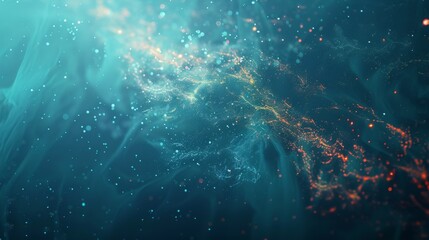 An aquatic abstract fractal scene with floating glowing particles, evoking the serene beauty and mystery of underwater worlds in a surreal space.