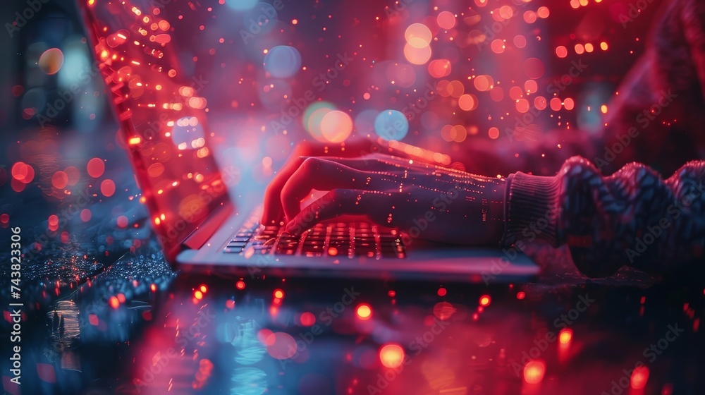Poster Technology concept showing a man working on a laptop to handle big data, computer code on a futuristic virtual interface screen, data mining, digital software development, data science.