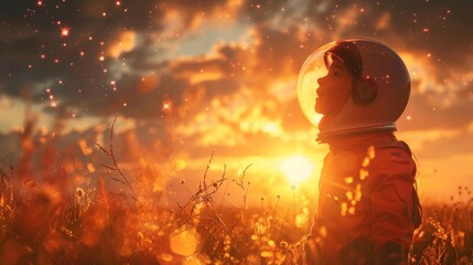 An astronaut is playing. A child on a sunset sky looks at a falling star and dreams of becoming an astronaut.