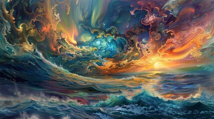 An ethereal, vibrant seascape with abstract, swirling water and surreal, floating marine life. - obrazy, fototapety, plakaty