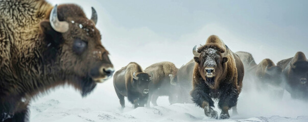 Bison in the snow. Bison in winter. Wildlife scene
